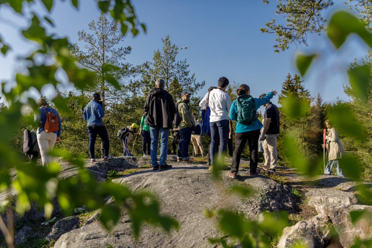 Ryhmä ihmisiä kallion huipulla aurinkoisena päivänä