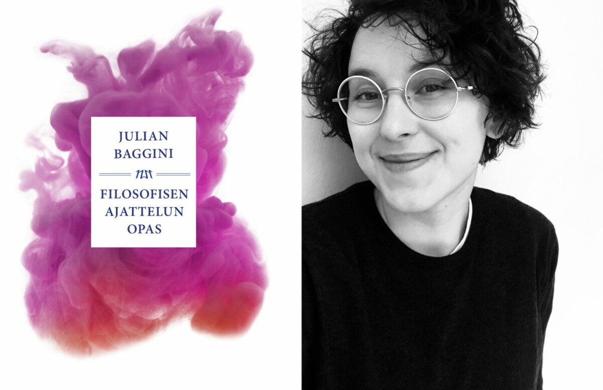Julian Bagginin Filosofien ajattelun opas -kansikuva ja potretti Sofia Blanco Sequierosista, kiharahiuksinen hymyilevä näinen silmälasit päässä