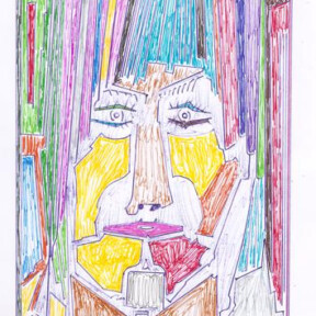Piirustus naisen kasvoista, joissa on eri kokoisia alueita vihreällä, liilalla, sinisellä, punaisella, ruskealla ja keltaisella. Alareunassa lukee teksti Maria Lind.