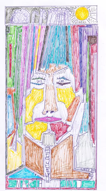 Piirustus naisen kasvoista, joissa on eri kokoisia alueita vihreällä, liilalla, sinisellä, punaisella, ruskealla ja keltaisella. Alareunassa lukee teksti Maria Lind.