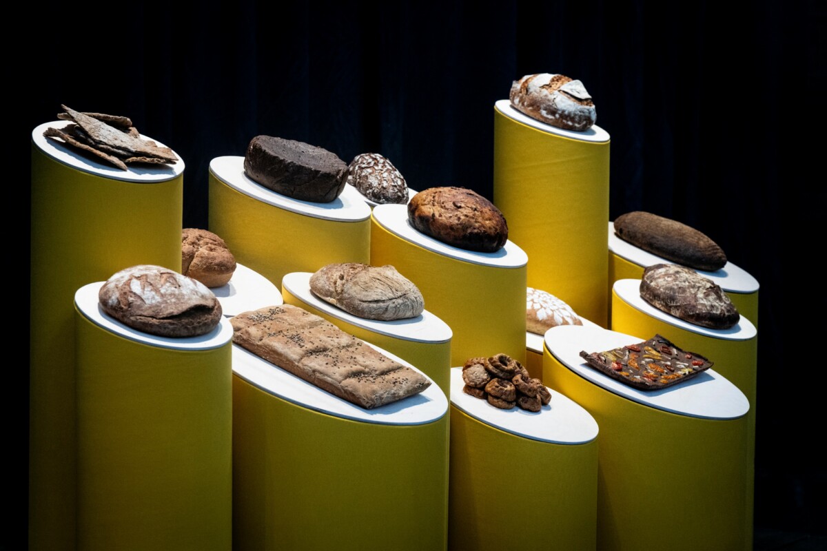 Image of various breads on yellow round pedestals.