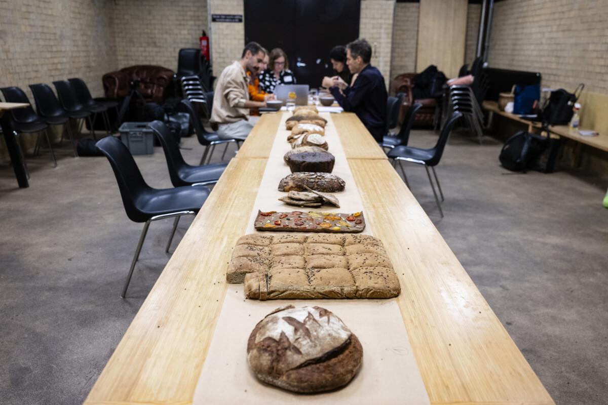 The picture shows fourteen different types of bread on a long table and a group of people talking at the end of the table.