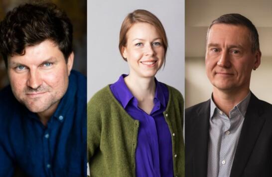 Collage of three different portraits. First is Antti Majava, a dark curly-haired smiling man in a blue collar shirt, second is Emma Hakala light brown-haired smiling female in blue shirt and green cardigan, third in Veli-Pekka Tynkkynen, a serious looking man with a shirt brown hair with an earing, collar shirt and jacket.