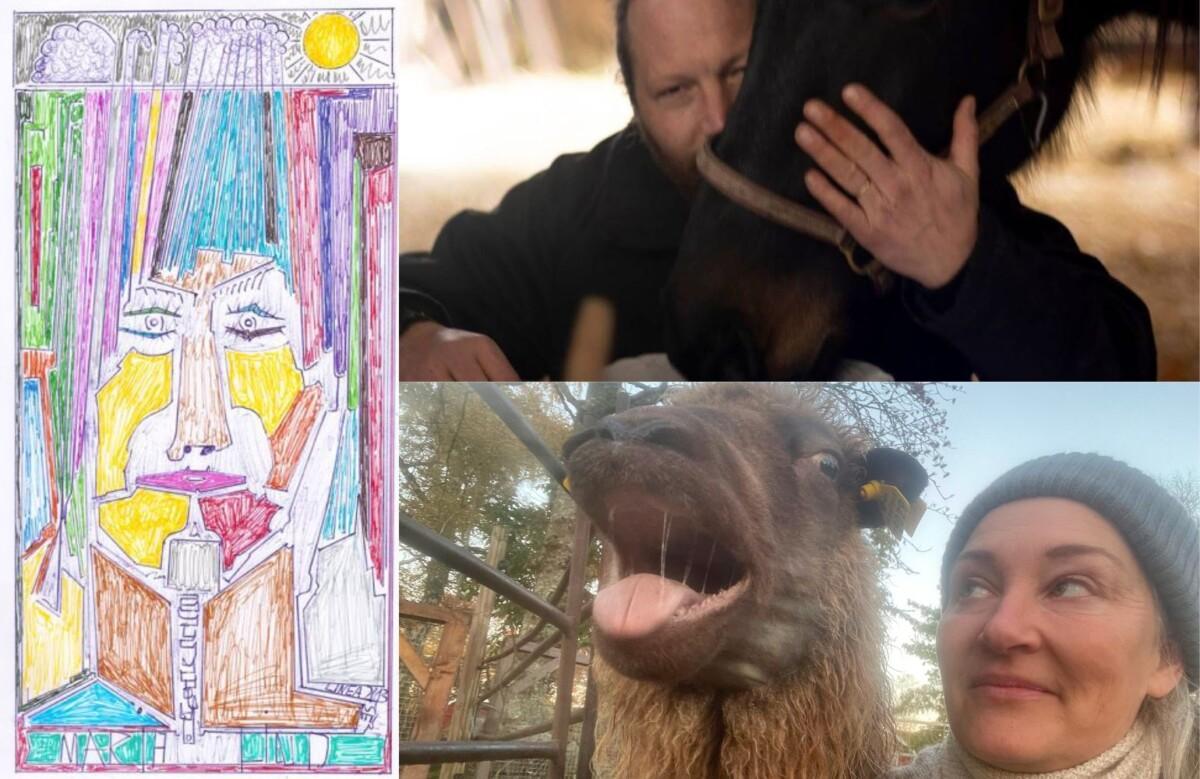 Collage of three images. One is a painted portrait of a female. Her hairs are painted with green, violet and blue stripes. Her white face is highlighted with yellow, red and brown areas. Below the portrait reads Maria Lind. Two other images are photos with people and animals. The other photo has a man hugging a horse's muzzle and the other one has a woman gazing at a sheep that is just opening their mouth.